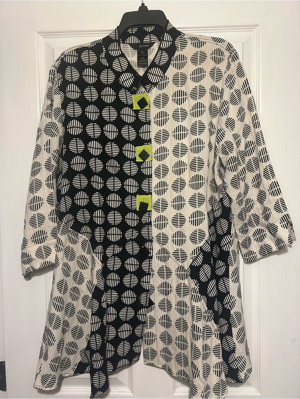 Ali Miles Black & White Geometric Button-Down Shirt with Neon Accents